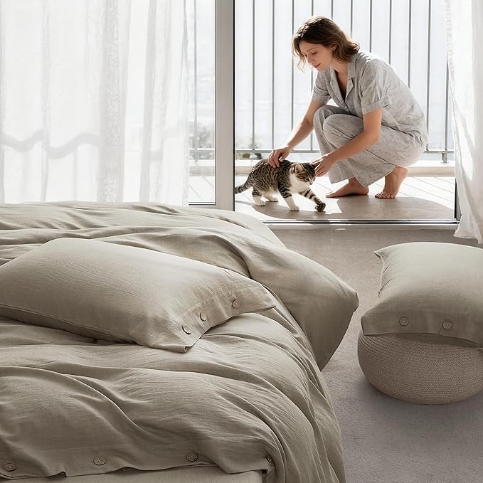 JELLYMONI Cotton Duvet Cover Queen Size - Taupe Comforter Cover with Button 100% Washed Cotton 3PCS Breathable Soft Solid Bedding Set Duvet Cover 90×90in & 2 Pillowcases (NO Comforter)