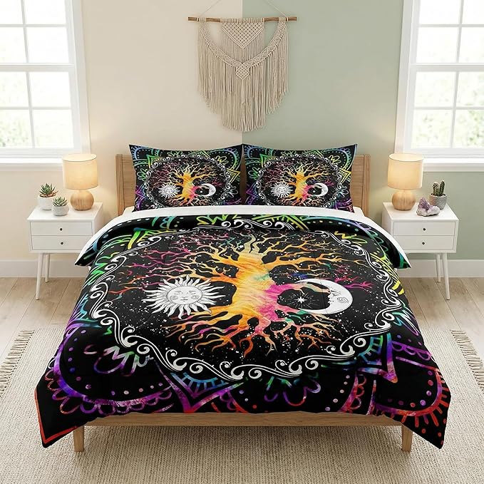 King Size Comforter Set with 2 Pillowcases, Astrology Zodiac Tree of Life 3 Pcs Bedding for Kids and Adults, Colorful Sun and Moon Tarot Soft Comforter Set for Bedroom Bed Decor