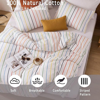 Merryword Rainbow Striped Duvet Cover Set Queen Size, 100% Cotton Bedding Set with Zipper Closure & 8 Corner Ties, Luxury Linen Like Bedding, Soft Breathable Comforter Cover for All Seasons