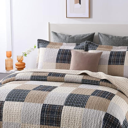 PANGUSHAN Quilts Set King Size,100% Cotton Quilt,Patchwork Plaid King Quilt Bedding Set Bedspreads,Farmhouse Rustic Lightweight Comforter for King Bed,Cream/Brown/Blue-Black/Off-White Bed Spread