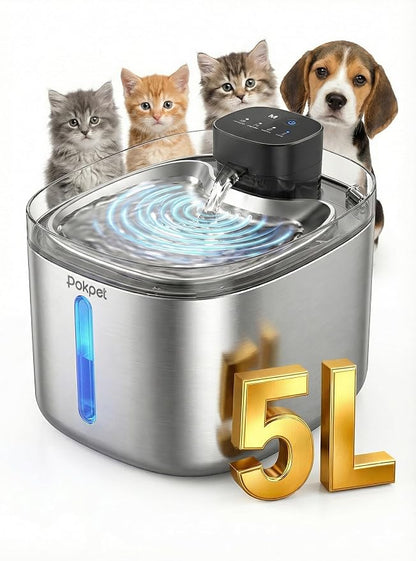 5L Smart Cat Dog Water Fountain, Stainless Wireless Dog Water Bowl | 5L wireless cat dog fountain for small dogs and multi-cat homes, sensor flow, quiet use, 4000mAh battery ,3 filter set
