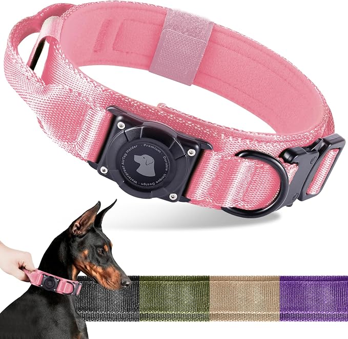 2026 Upgrade Waterproof Tactical AirTag Dog Collar, Built in AirTag Holder | Comfortable Control Handle, Quick Release Metal Buckle, Durable 1000D Nylon, For Medium to Large Dogs, Pink,XL