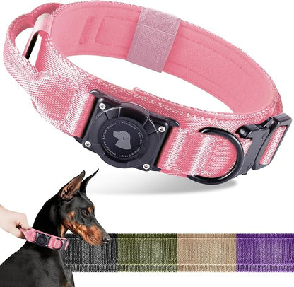 2026 Upgrade Waterproof Tactical AirTag Dog Collar, Built in AirTag Holder | Comfortable Control Handle, Quick Release Metal Buckle, Durable 1000D Nylon, For Medium to Large Dogs, Pink,XL