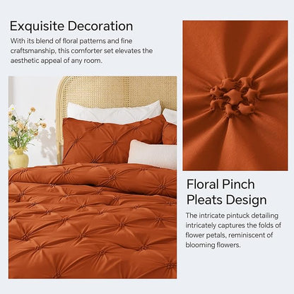 BEDELITE Burnt Orange Queen Comforter Set - 3 Pieces Boho Pintuck Bedding Comforter Sets, Lightweight Soft & Warm Bed Comforter Queen with 2 Pillowcases for All Season