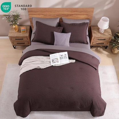 Geniospin Queen Comforter Set - 7 Pieces Purple Bedding Set, Botanical Textured Comforter Set, All Season Comfortable Bed in a Bag with Comforter, Sheets, Pillowcases & Shams