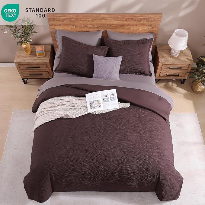 Geniospin Full Size Comforter Set - 7 Pieces Purple Bedding Set, Botanical Textured Comforter Set, All Season Comfortable Bed in a Bag with Comforter, Sheets, Pillowcases & Shams