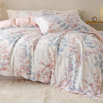 OAITE Duvet Cover Set Queen Size Floral Pattern Ultra Soft 100% Cotton Duvet Cover Sets 3-PC, Breathable Duvet Cover with Zipper Closure & Corner Ties(2 Pillow Shams,1 Duvet Cover)