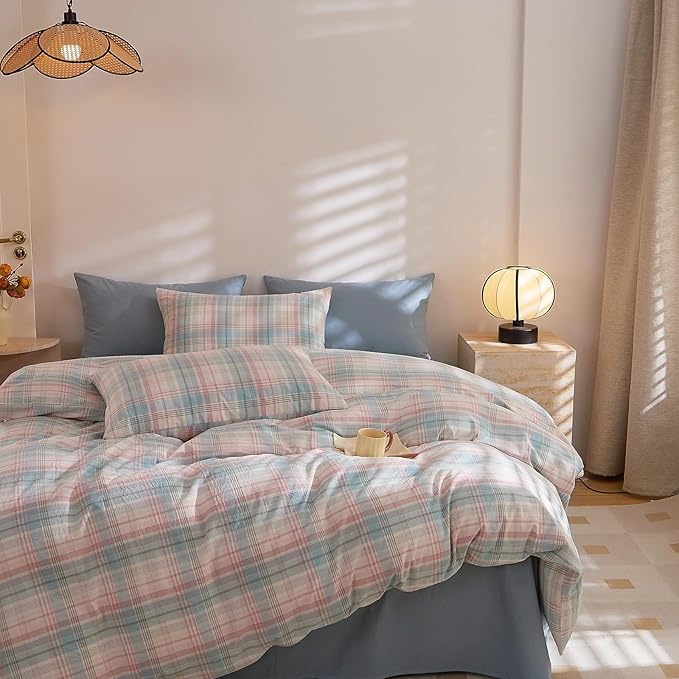 EAVD Cotton Grid Plaid Duvet Cover King Size Colorful Gingham Duvet Cover Set 3 Pieces Modern Grid Checkered Bedding Set with 2 Pillowcases Reversible Gingham Bedding Set for Girls Boys Women Men