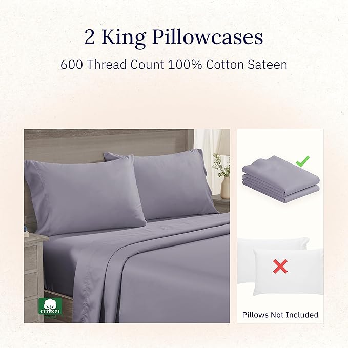 Luxuriously Soft Premium 600 Thread Count, 100% Cotton Set of 2 Cases, Crisp King Size Pillow Covers Set of 2, Fits King Pillows (Lavender)