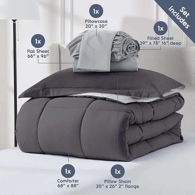 Nestl 5 Piece Twin Comforter Set – Dark Grey Reversible Bed in a Bag – Complete Twin Size Bedding Set with Sheets, Pillowcase and Sham