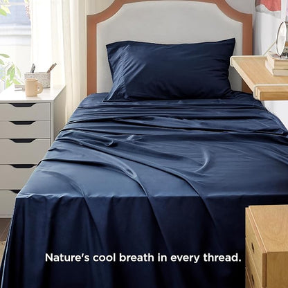 Bedsure Cooling Sheets Twin XL, Rayon Derived from Bamboo, PureWoven, Breathable & Soft Twin XL Sheet Sets, Deep Pocket Up to 16 Inches, Hotel Luxury Silky Dorm Bedding for Hot Sleepers, Navy