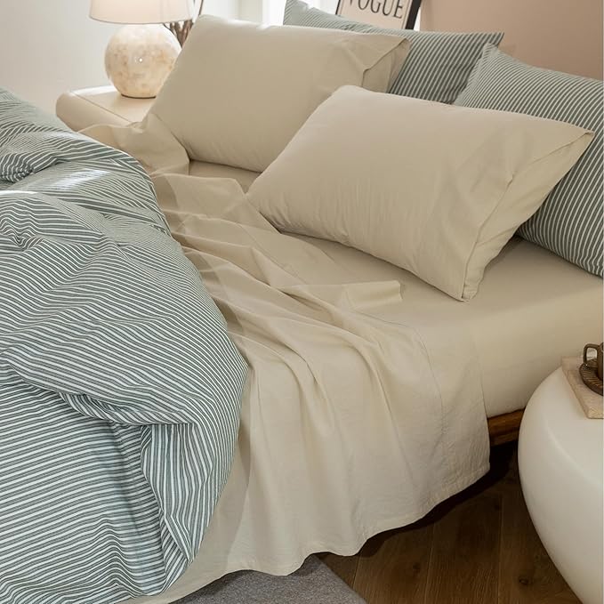 JIYUAN California King Size Sheet Set, 4-Piece - 100% Washed Cotton, Linen-Like Soft & Breathable, Includes Deep Pocket Fitted & Flat Sheet with 2 Pillowcases, Hotel Quality, Heathered Beige