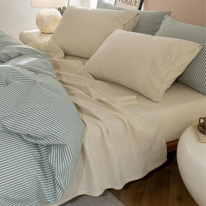 JIYUAN Queen Size Sheet Set, 4-Piece - 100% Washed Cotton, Linen-Like Soft & Breathable, Includes Deep Pocket Fitted & Flat Sheet with 2 Pillowcases, Hotel Quality, Heathered Beige