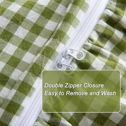Olive Green/White Checkered Ruffle 3-Piece Duvet Cover Set Twin Size,Washed Cotton Shabby Gingham Plaid Bedding Set Farmhouse Comforter Set(Twin,Olive Green)