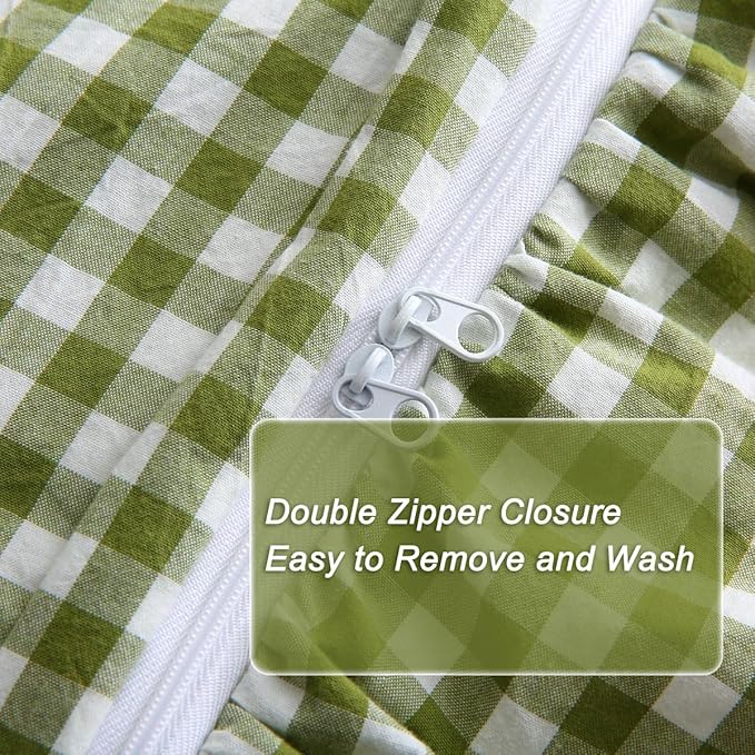 Olive Green/White Checkered Ruffle 3-Piece Duvet Cover Set King Size,Washed Cotton Shabby Gingham Plaid Bedding Set Farmhouse Comforter Set(King,Olive Green)
