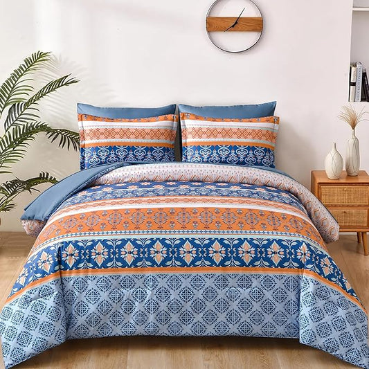 WONGS BEDDING Boho Comforter Set Full, Blue and Orange Bedding Set 7 Pieces Bed in a Bag Bohemian Striped Bedding Comforter Sets Soft Microfiber Comfortet and Sheet Set for All Season