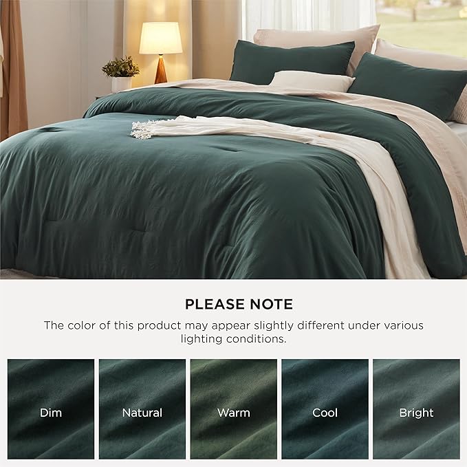 Bedsure Full Comforter Set, Forest Green Soft Prewashed Bedding for All Seasons, 3 Pieces GentleSoft™ Bed Set, 1 Lightweight Comforter (82"x86") and 2 Pillowcases (20"x26")