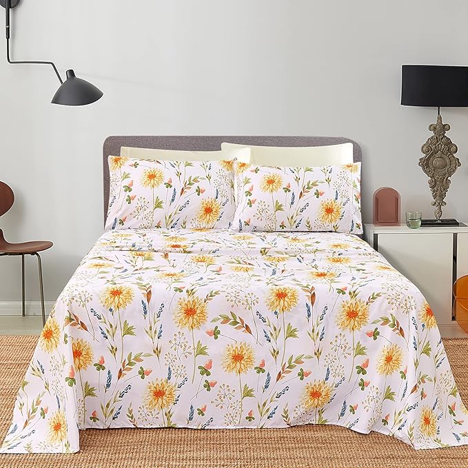 JSD Yellow Floral Printed Sheet Set Twin Size, 3 Piece Soft Botanical Microfiber Bedding Sheets Extra Deep Pocket