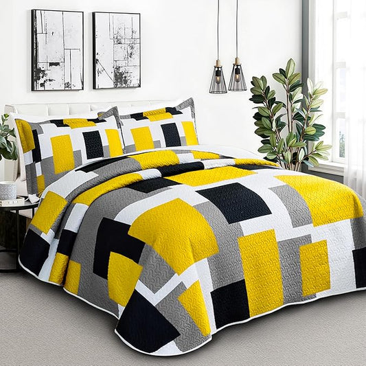 3 Piece Yellow Grey Quilt Set California King Size Yellow Gray White Geometric Reversible Bedding Set Microfiber Lightweight Bedspread Coverlet with 2 Shams Bed Cover for All Season, 118''x106''
