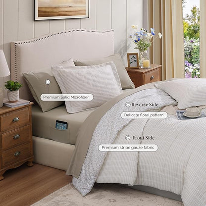 Full Comforter Set - 7 Pieces Beige Gauze Muslin Bedding Sets for All Seasons, Lightweight Breathable Bed in a Bag Full with Revesible Farmhouse Comforter, Sheets, Pillowcases & Shams