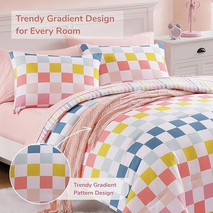 Twin Comforter Set for Girls-5 Pieces Colorful Check Twin Bedding Sets for Kids, Ultra Soft Bed in A Bag with Sheets