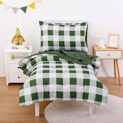 Wake In Cloud - Gingham Toddler Bedding Set for Girls Boys, Cute Plaid Buffalo Check, 4 Pieces Soft Crib Bed Set Including Comforter, Sheets and Pillowcase, Olive Green