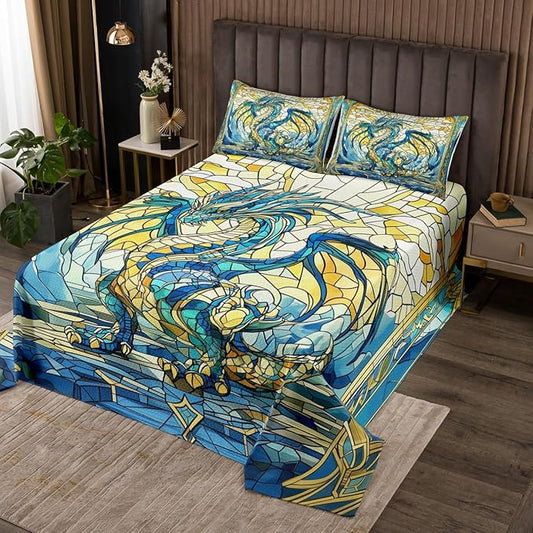 Manfei Western Dragon Kids Bedspread King Size,Glass Dragon Flying Wing Trippy Coverlet Set,Boys Girls Room Decor,Geometric Patchwork Abstract Quilted Coverlet,Blue Unique Bedding Quilt,2 Pillowcases