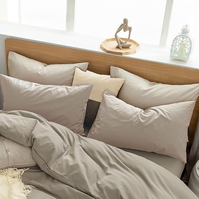 MooMee Bedding Pillowcases Pack of 4 100% Washed Cotton Linen Like Textured Breathable Durable Soft Comfy (Heathered Tannish Linen Grey, King)