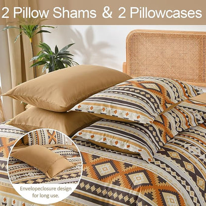 Dinjoy Boho King Size Bed in A Bag 7 Pieces,Yellow Brown Comforter Set Aztec Striped Fall Bedding Set Patchwork Complete Set Geometric Pattern Comforters for Women 90"×104"