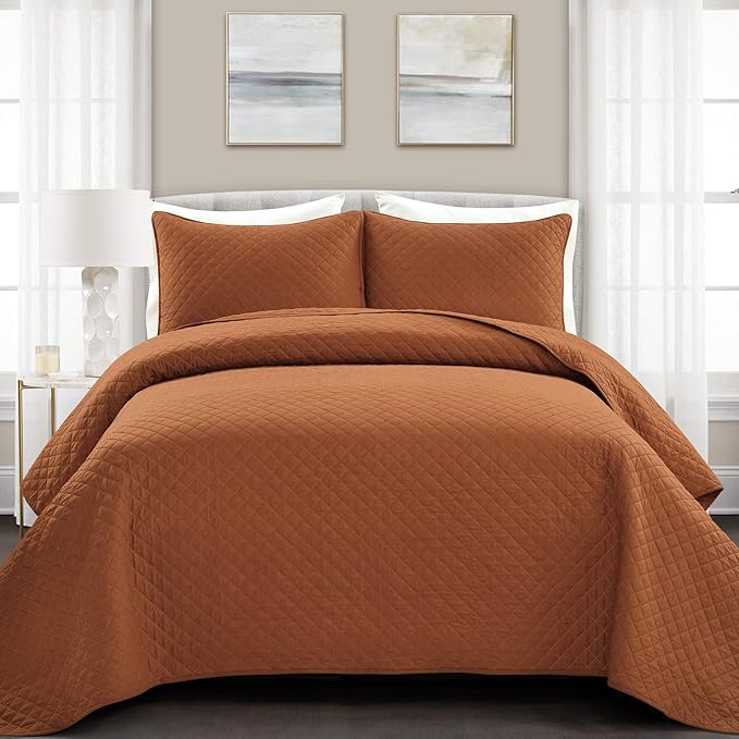 Lush Decor Ava Quilt Diamond Pattern Solid 3 Piece Oversized Bedding Blanket Bedspread Set - Full/Queen - Rust