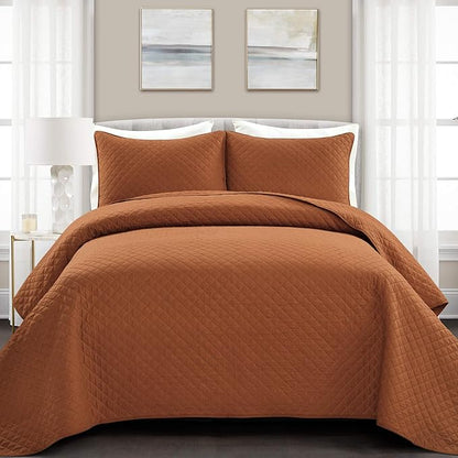 Lush Decor Ava Quilt Diamond Pattern Solid 3 Piece Oversized Bedding Blanket Bedspread Set - King - Rust