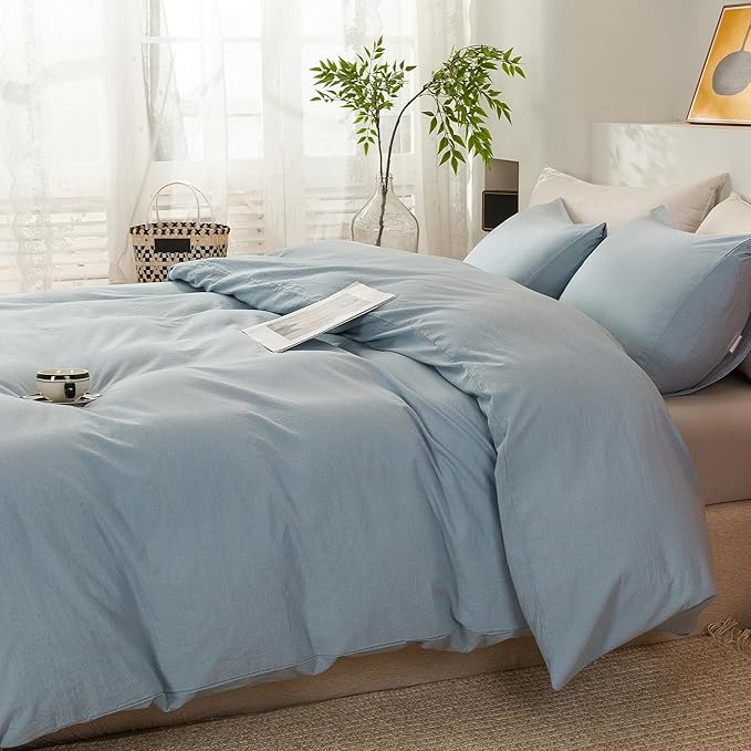 ECOCOTT Light Blue Duvet Cover Oversized King Size - 100% Washed Cotton Durable Soft Comfy Duvet Cover Set, 3 Pieces Duvet Cover with Zipper Closure (120"x 98")