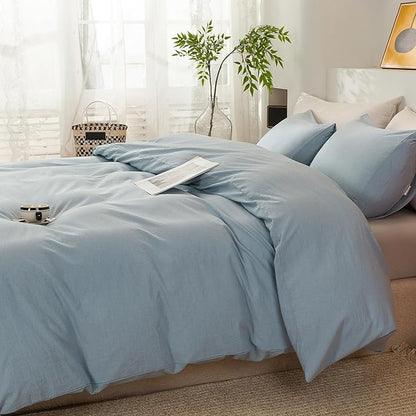 ECOCOTT Haze Blue Duvet Cover King Size, 3 Piece 100% Washed Cotton 1 Duvet Cover with Zipper and 2 Pillowcases, Ultra Soft and Easy Care Breathable Cozy Bedding Set (Haze Blue,King)