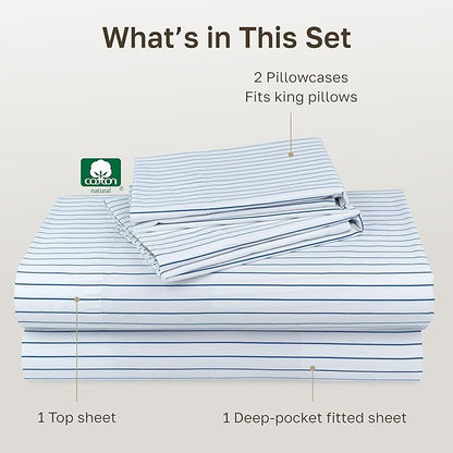 California Design Den Printed Striped Bed Sheets King Size Set - 600 Thread Count, 100% Cotton Sateen, Premium Deep Pocket King Sheet Set - Classic Blue Stripe Print