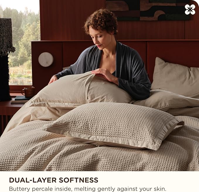 Bedsure Cotton Duvet Cover Full - 100% Cotton Waffle Weave Khaki Duvet Cover Set, GentleSoft™ and Breathable Tan Bedding Set for All Season, 3 Pieces, 80"x90"