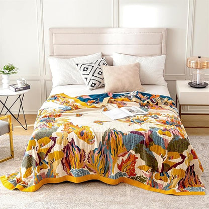 MSGKV Boho Throw Blanket for Bed 100% Cotton Throw Floral Couch Blanket 80''x90'', Spring Breathable Travel Muslin Blanket for Women Home Decor