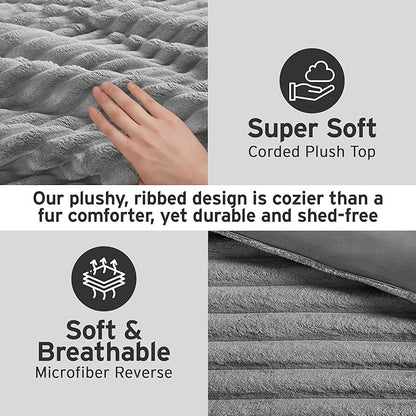 Intelligent Design King Comforter Set, Cozy Plush Bedding, Microfiber Reverse, 3 Piece, Lightweight, Super Soft Ribbed Velvet Comforter 2 Shams, All Season Fluffy Bed Set, Avril, King/Cal King Grey