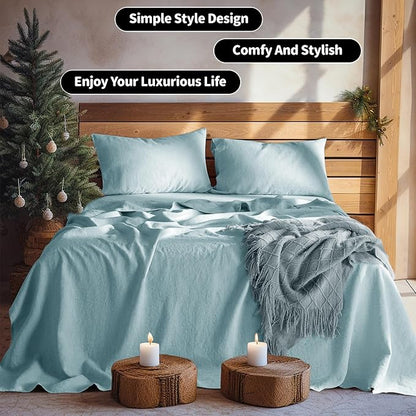 LBRO2M 100% Pure Linen Sheet Set Deep Pocket Up to 16" Bed Sheets Sets, Natural Flax Beddings Soft, Breathable, Comfortable for All Seasons 4 Pcs Sheet Set King Size, Ocean Blue