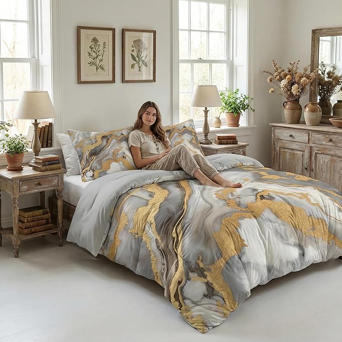 Abstract Marble Print Comforter Set Twin Size, 2 Pieces Modern Abstract Bedding Set with 1 Pillowcase for All Seasons(Gilrs Kids Boys),68"x86"