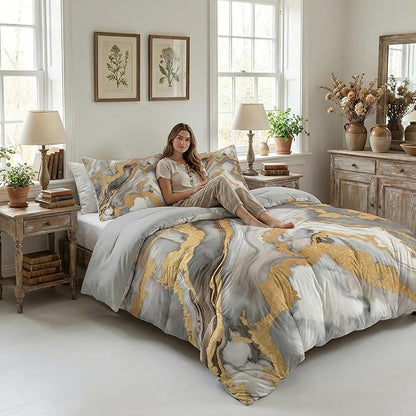 Abstract Marble Print Comforter Set Twin Size, 2 Pieces Modern Abstract Bedding Set with 1 Pillowcase for All Seasons(Gilrs Kids Boys),68"x86"
