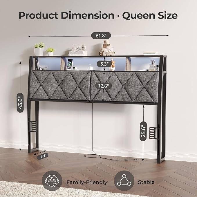 Queen Headboard Only, Headboard for Queen Size Bed with Storage, Upholstered Headboards with LED Lights & Charging Station, Attach Frame, Ideal for Bedroom/Dorm/Guest Room, Dark Grey & Brown