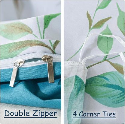 FADFAY Botanical Duvet Cover Sets Twin Size 100% Cotton Teal Green Leaves Patterned Comforter Cover Aesthetic Bedding for All Season Soft Crisp Modern Bed Cover with Zipper 3 Pcs