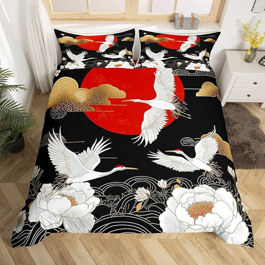 Feelyou Japanese Crane Bedding Set Twin Size Black Gold Ukiyoe Theme Duvet Cover for Adult Kids Boys Girls Asian Anime Comforter Cover Set Wild Animal Bedspread Cover 2Pcs Zipper