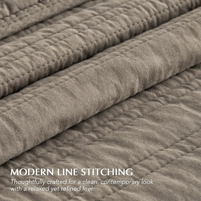 EVERGRACEHOME 100% Cotton Modern Lines Quilt Set Queen Size, Pre-Washed Soft Striped Coverlet Bedspread, 3 Piece Lightweight Bedding Set for All Season, with 2 Pillow Shams, Stone Taupe