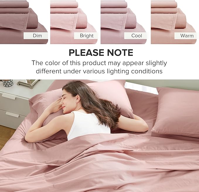 Comfort Spaces 100% Cotton Sheets Cal King, Breathable & Soft Cotton Sheets, Naturally Cool Cotton Bed Sheets with 14" Elastic Pocket Fits up to 16" Mattress, All Seasons Sheet Set, Pink 4 Piece