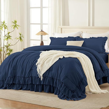 Andency Navy Blue King Comforter Set (104x90Inch), 3 Pieces Ruffle Comforter Set with 2 Pillowcases, Farmhouse Shabby Chic Lightweight Fluffy Soft Polyester All Season Bed Set