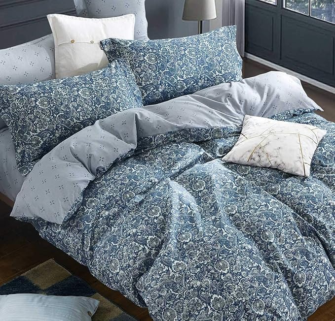 SLEEPBELLA Duvet Cover Set 600 Thread Count Cotton Bedding Set (Full, Blue-Paisley)