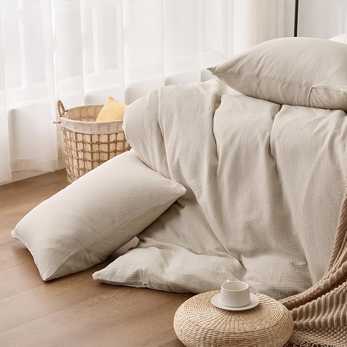 Cream Gray Duvet Cover Queen Size, 100% Sandwashed Cotton Soft Queen Duvet Cover Set 3 Pieces with Zipper Clousre & Corner Buttons (Cream Gray, Queen 90 x 90)