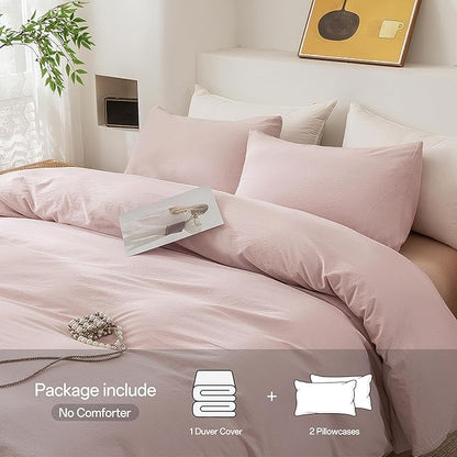 ECOCOTT Duvet Cover Set, 100% Washed Cotton Linen-Like Soft & Breathable, Durable Comfy Bedding Set for All Seasons Twin Size (Greyish Pink)