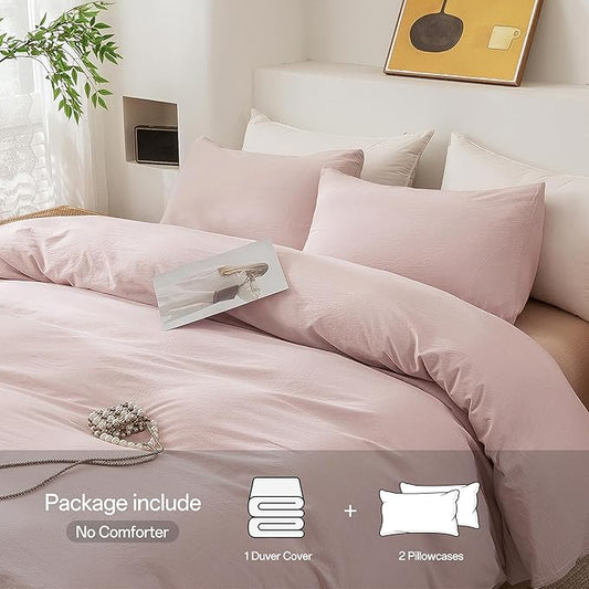 ECOCOTT Duvet Cover Set, 100% Washed Cotton Linen-Like Soft & Breathable, Durable Comfy Bedding Set for All Seasons Twin Size (Greyish Pink)